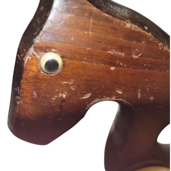 Vintage Wooden Horse Rolling Toy With Rope Tail & Smooth Wheels Handcrafted - Picture 5 of 13